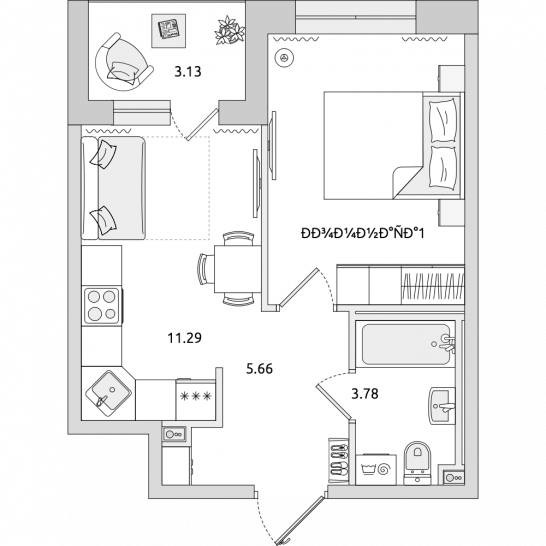 Однокомнатная квартира 35 м²