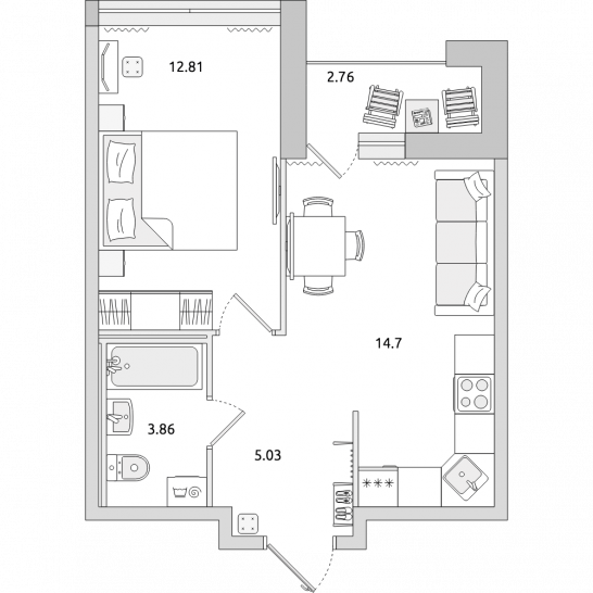Однокомнатная квартира 39 м²