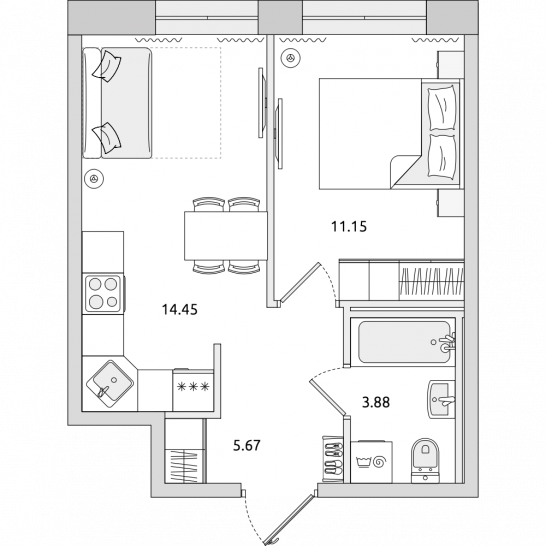Однокомнатная квартира 35 м²