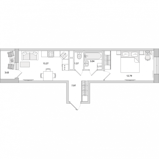 Однокомнатная квартира 44 м²