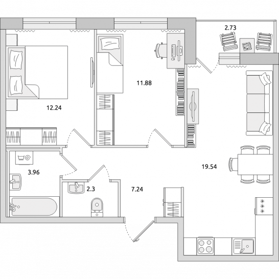 Двухкомнатная квартира 60 м²