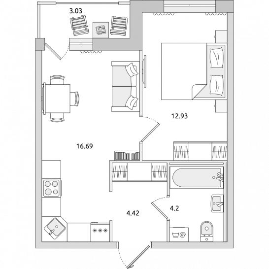 Однокомнатная квартира 41 м²
