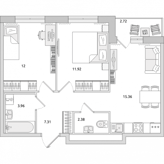 Двухкомнатная квартира 56 м²