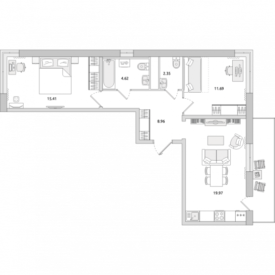 Двухкомнатная квартира 70 м²