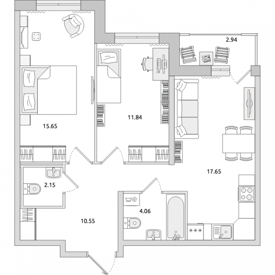 Двухкомнатная квартира 65 м²