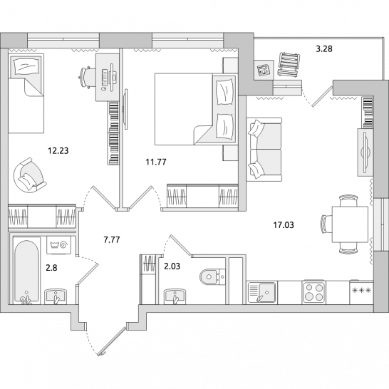 Двухкомнатная квартира 57 м²