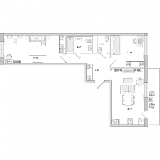 Двухкомнатная квартира 74 м²