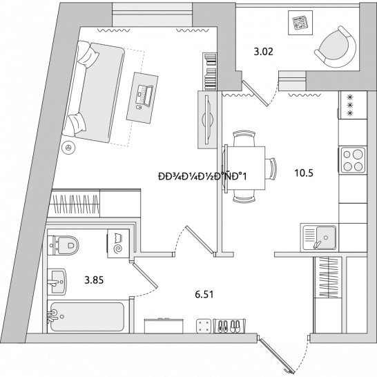 Однокомнатная квартира 39 м²