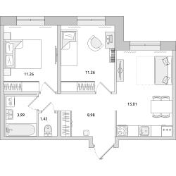 Двухкомнатная квартира 52 м²