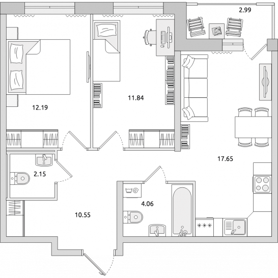 Двухкомнатная квартира 61 м²