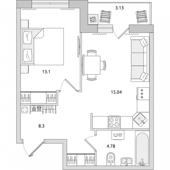 Однокомнатная квартира 44 м²