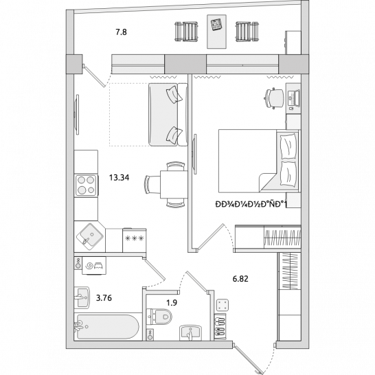 Однокомнатная квартира 46 м²