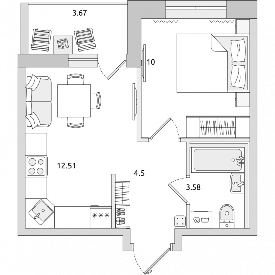 Однокомнатная квартира 34 м²