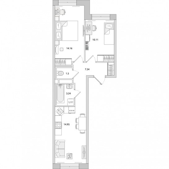 Двухкомнатная квартира 52 м²