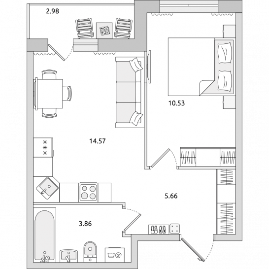Однокомнатная квартира 38 м²