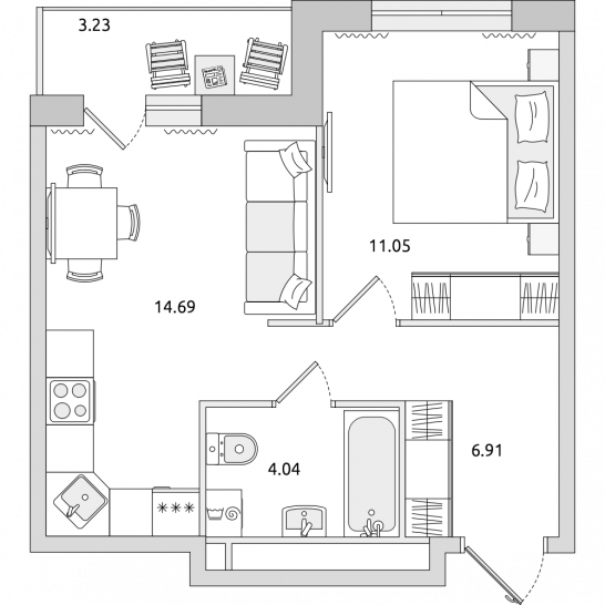 Однокомнатная квартира 40 м²