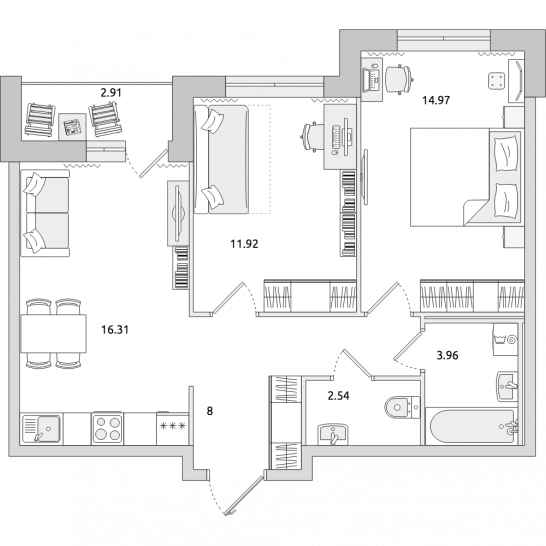 Двухкомнатная квартира 61 м²