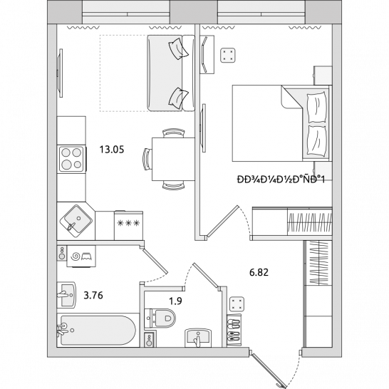 Однокомнатная квартира 37 м²