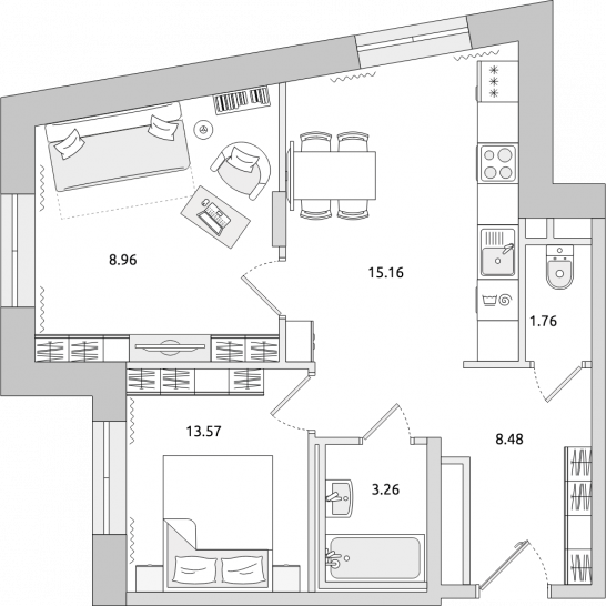 Двухкомнатная квартира 51 м²