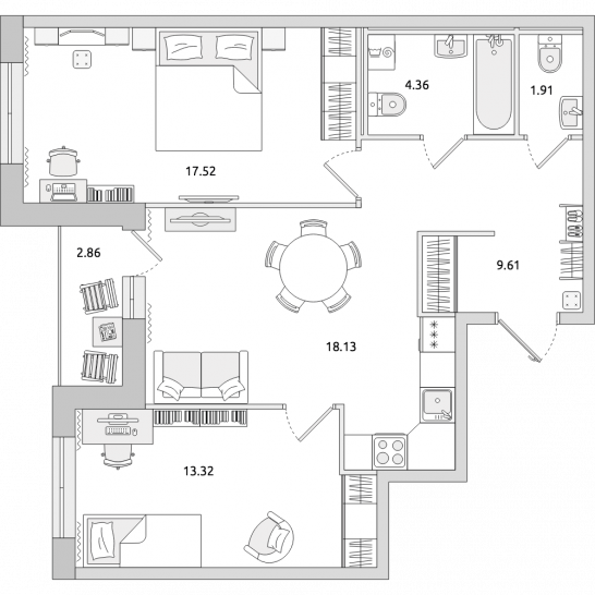 Двухкомнатная квартира 68 м²