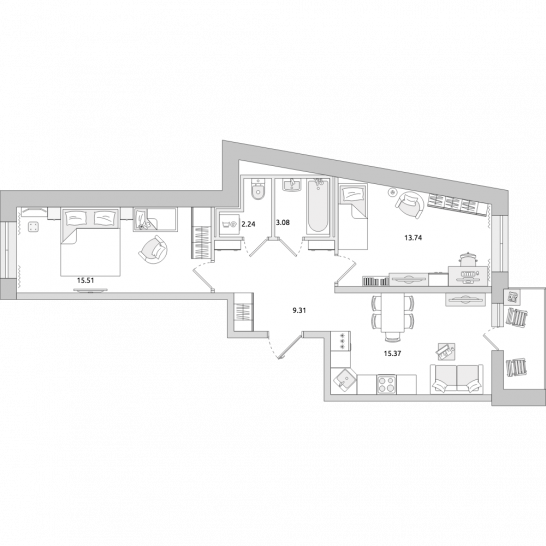 Двухкомнатная квартира 62 м²