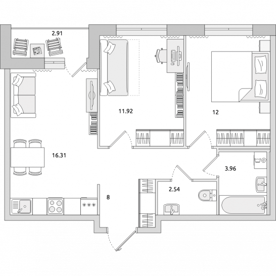 Двухкомнатная квартира 58 м²