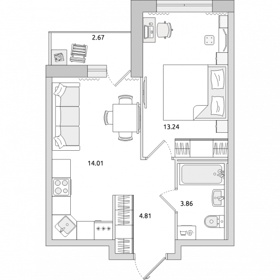 Однокомнатная квартира 39 м²