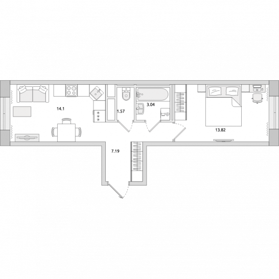 Однокомнатная квартира 40 м²