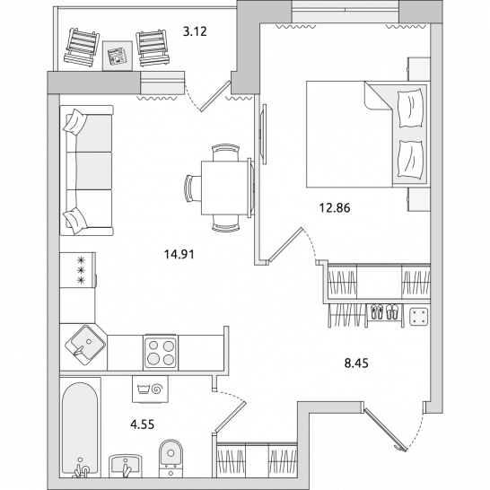 Однокомнатная квартира 44 м²