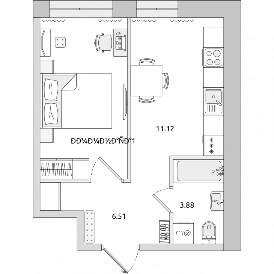 Однокомнатная квартира 34 м²