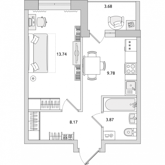 Однокомнатная квартира 39 м²