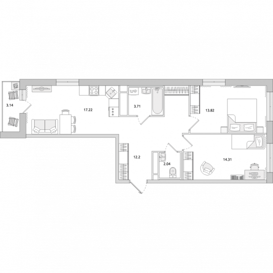 Двухкомнатная квартира 69 м²