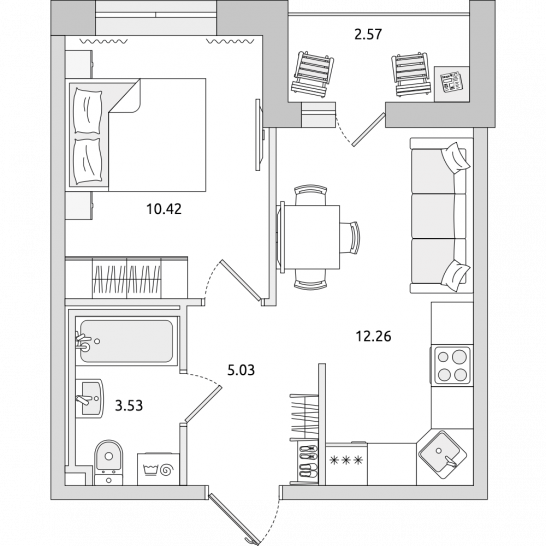 Однокомнатная квартира 34 м²