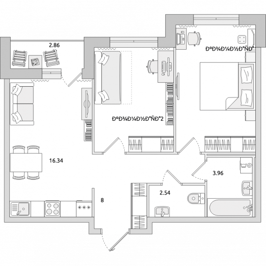 Двухкомнатная квартира 61 м²