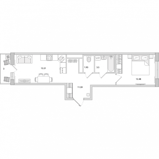 Однокомнатная квартира 48 м²