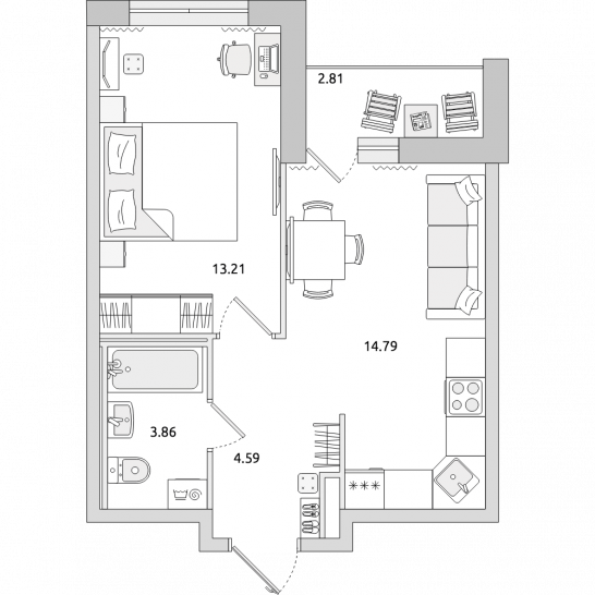 Однокомнатная квартира 39 м²