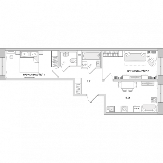 Двухкомнатная квартира 54 м²