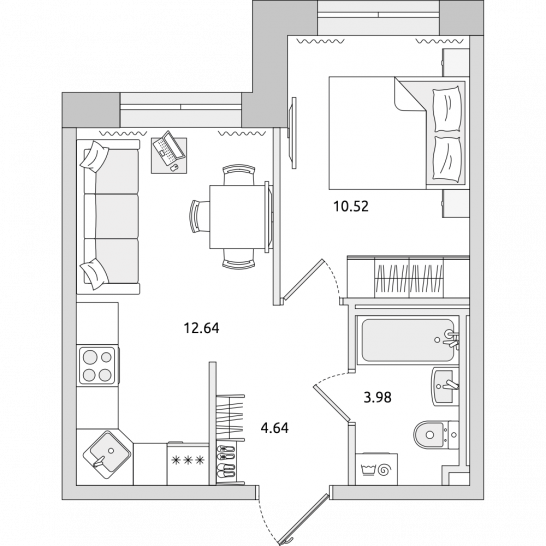Однокомнатная квартира 32 м²