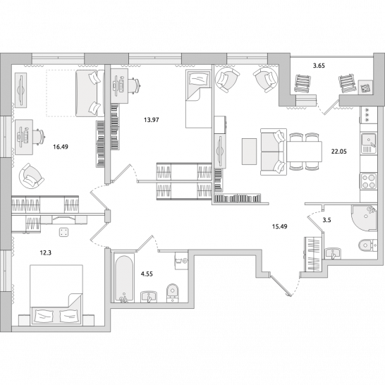 Трёхкомнатная квартира 92 м²