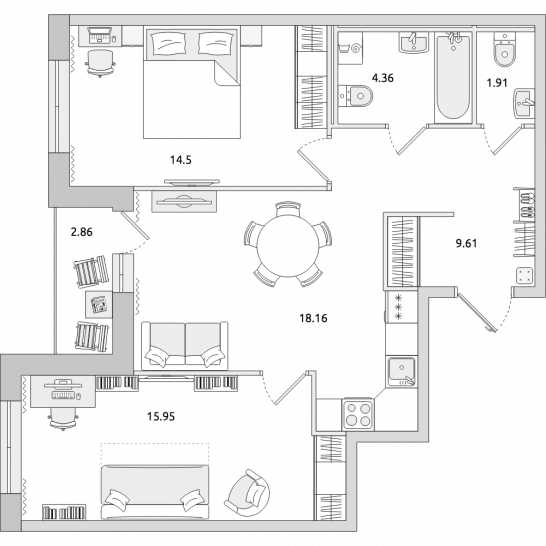 Двухкомнатная квартира 67 м²