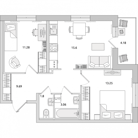 Двухкомнатная квартира 59 м²
