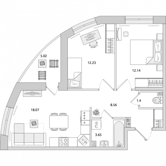 Двухкомнатная квартира 61 м²