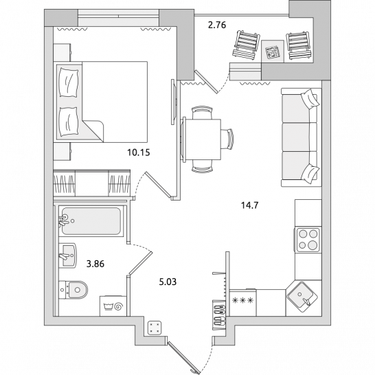 Однокомнатная квартира 37 м²