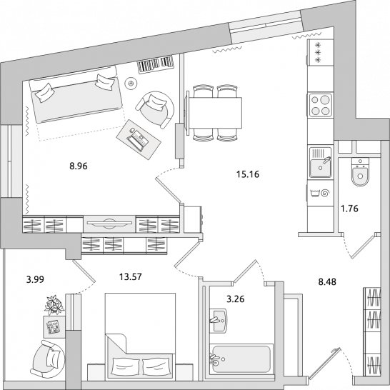 Двухкомнатная квартира 55 м²