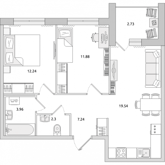 Двухкомнатная квартира 60 м²