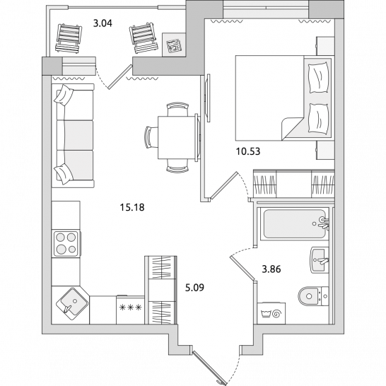 Однокомнатная квартира 38 м²