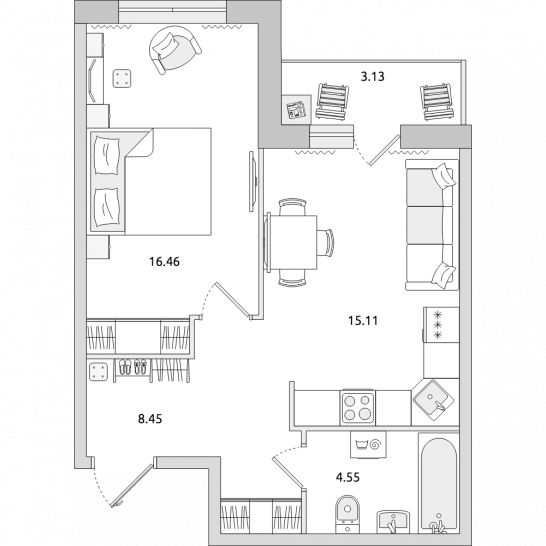 Однокомнатная квартира 47 м²