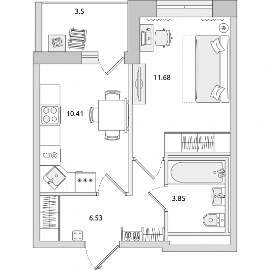 Однокомнатная квартира 36 м²