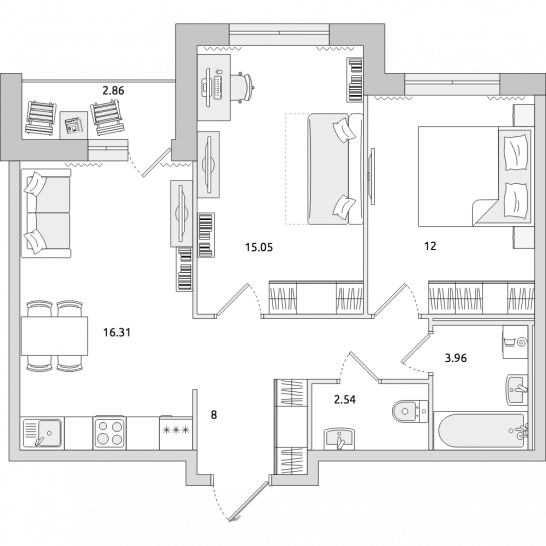 Двухкомнатная квартира 61 м²