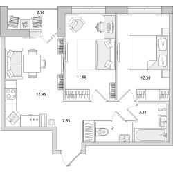 Двухкомнатная квартира 53 м²